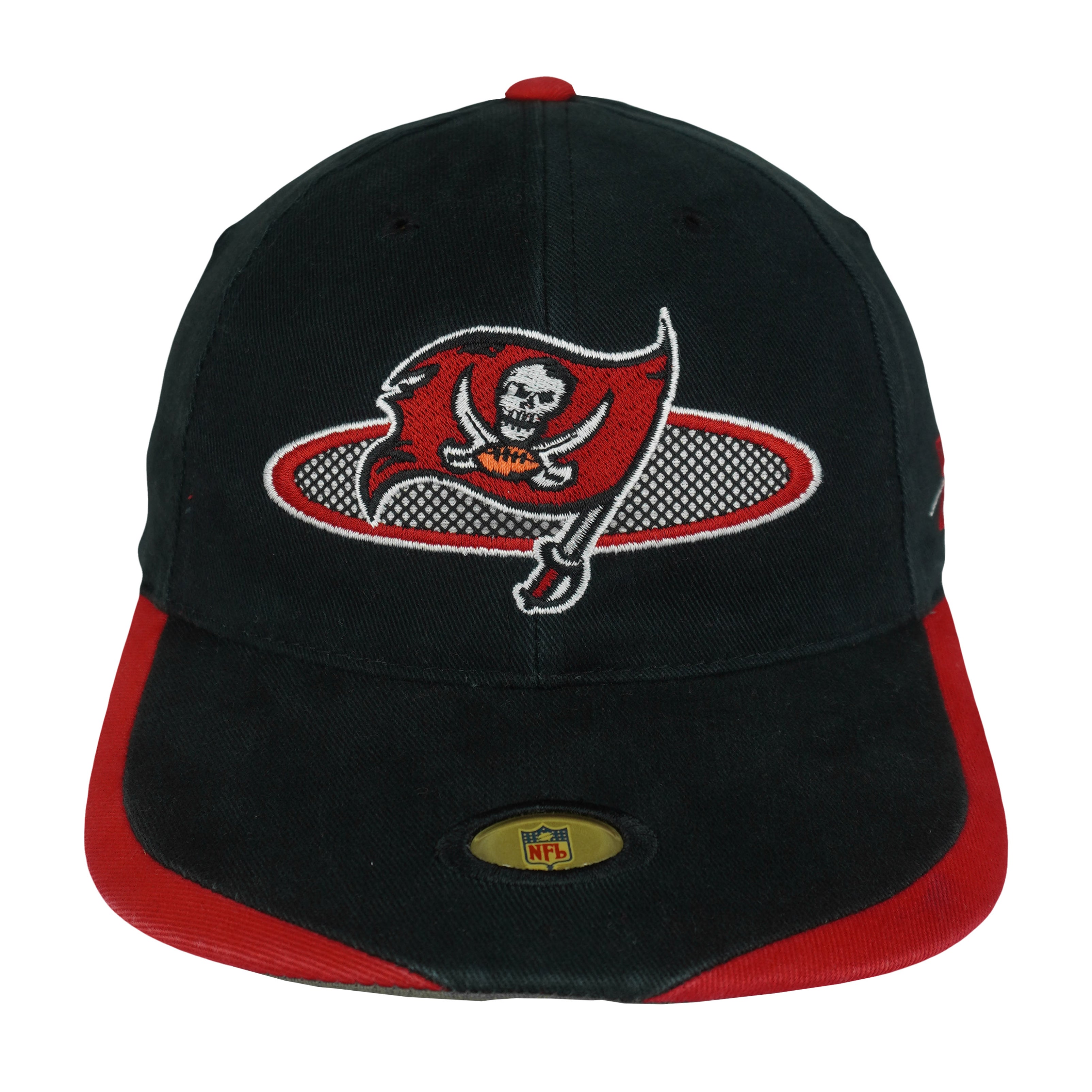 Black Buccaneers hat with embroidered pirate flag and red brim edge
