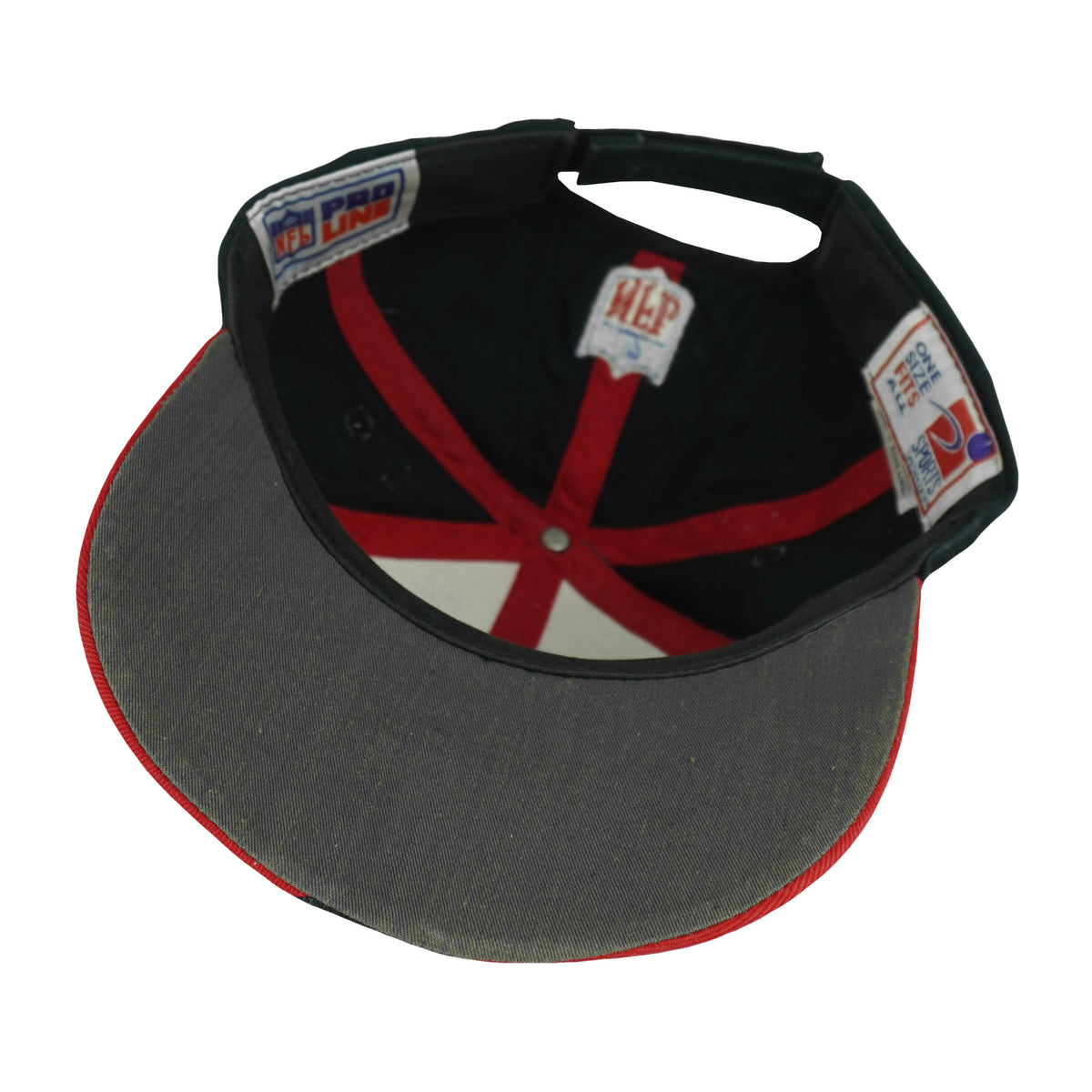 Interior red seam tape and gray underside of the hat brim