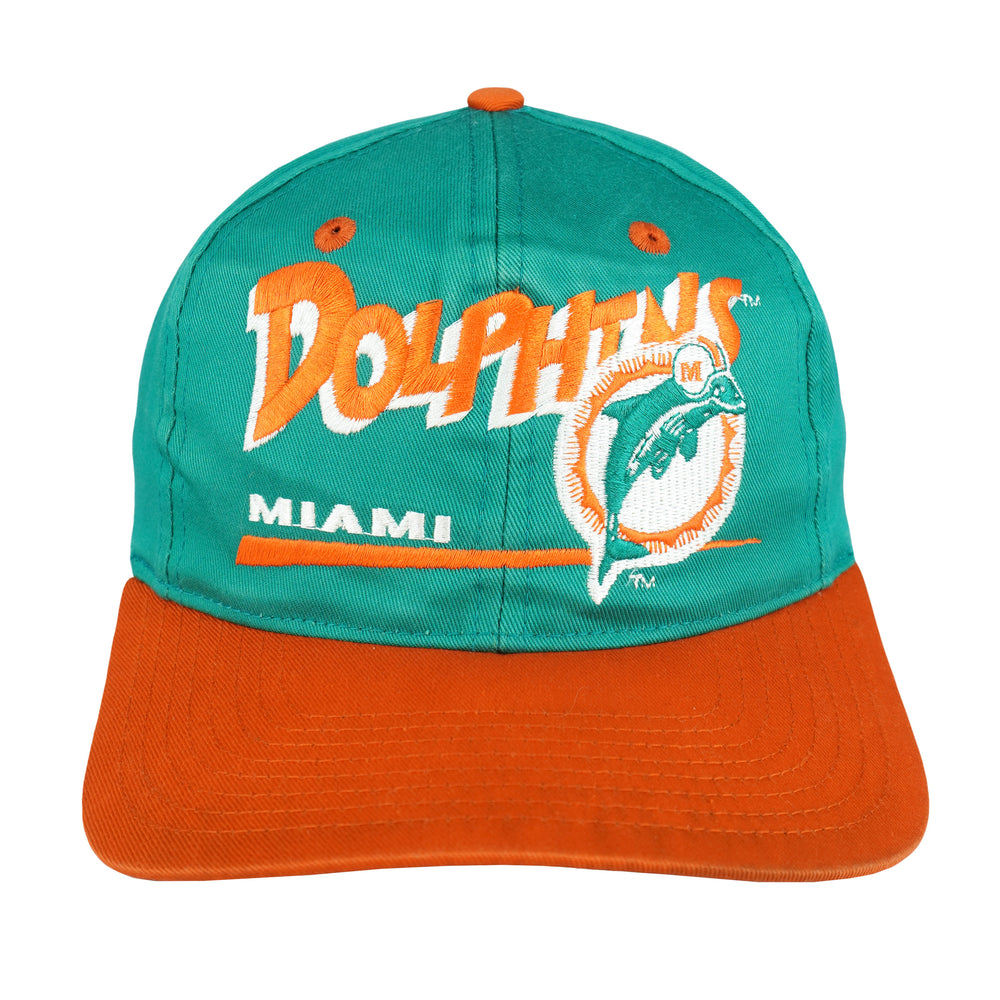 Green Dolphins hat with orange brim and embroidered front logo