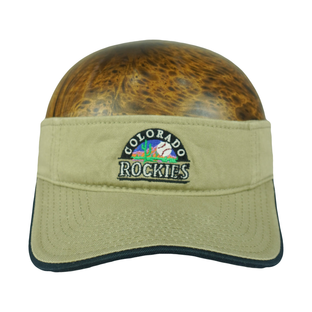 Khaki Rockies visor with embroidered mountain and baseball logo