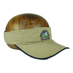 Angled view of the khaki visor and curved brim