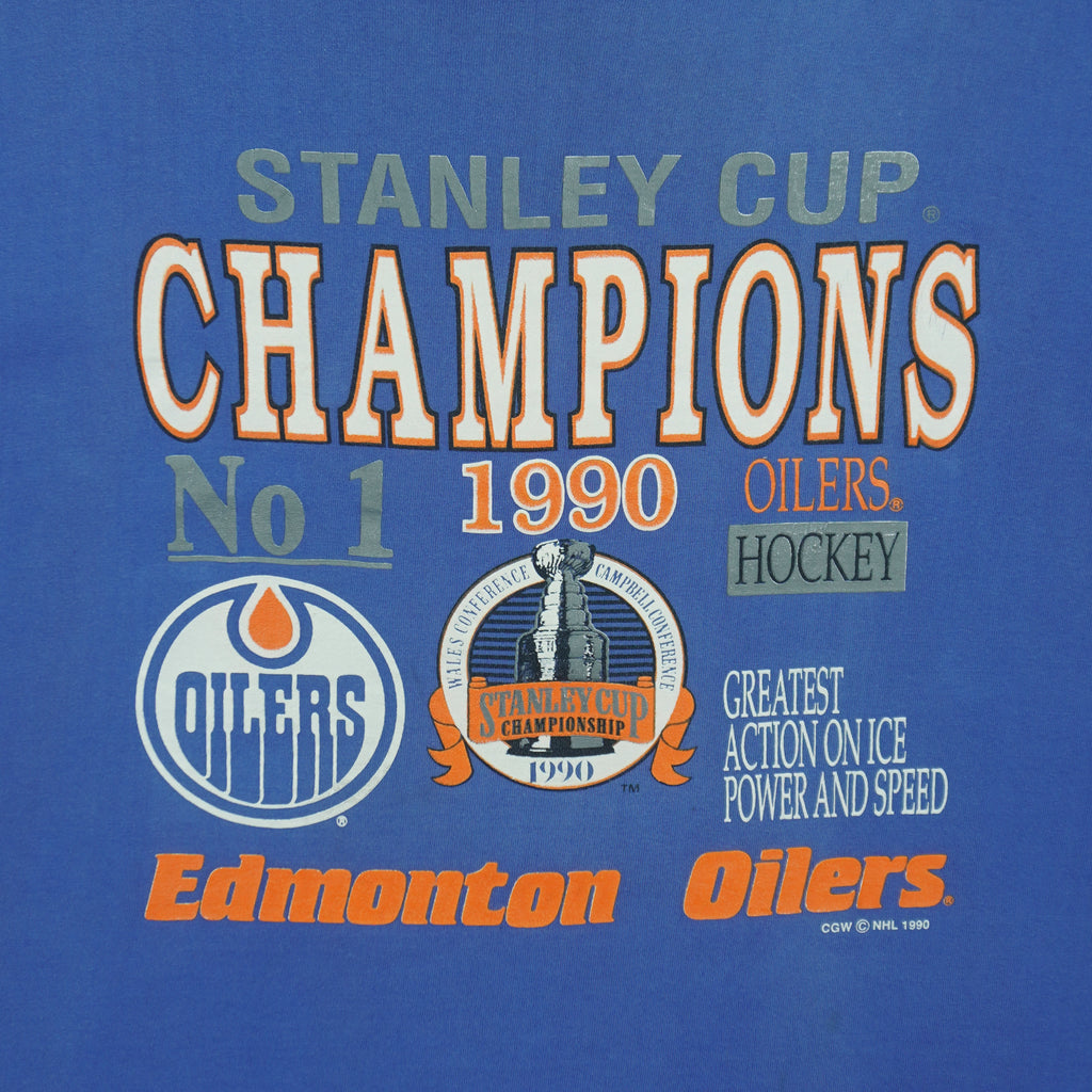 NHL (Waves) - Edmonton Oilers Stanley Cup Champions T-Shirt 1990 X-Large Vintage Retro Hockey