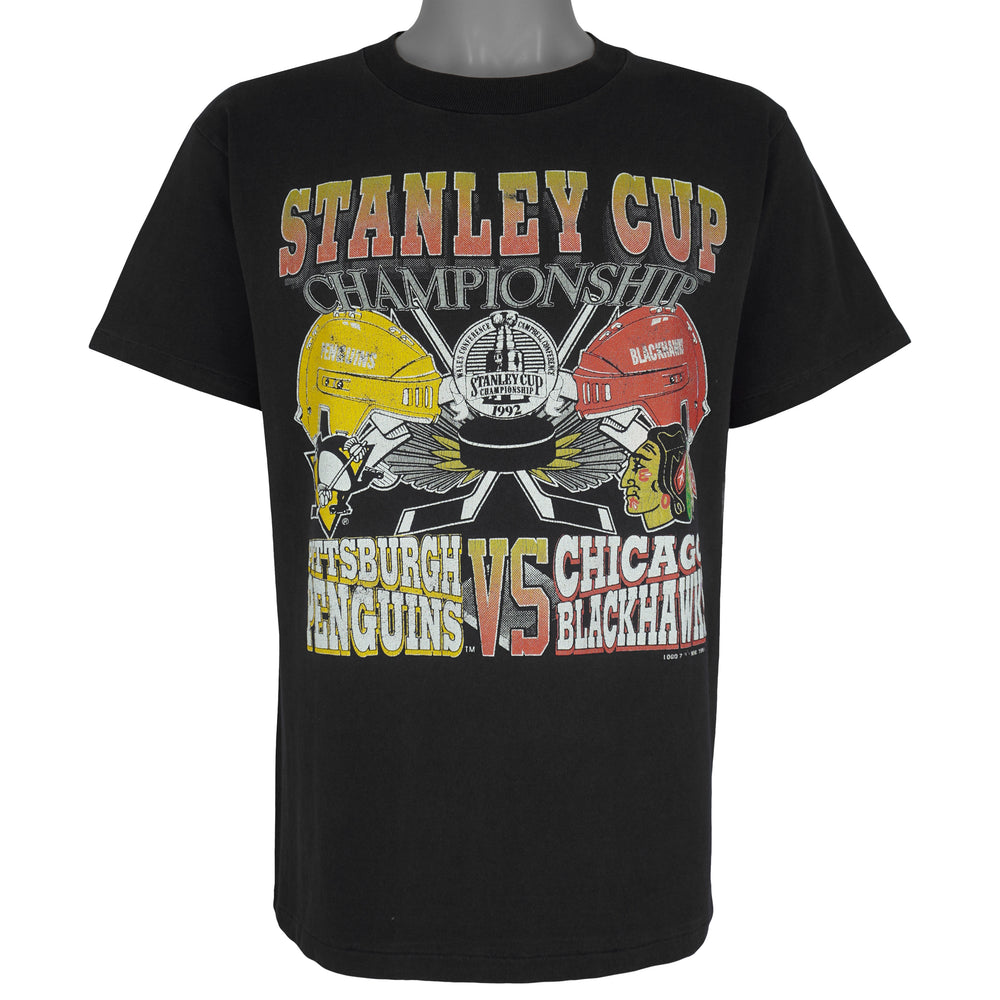 NHL (Tultex) - Stanley Cup Penguins Vs Blackhawks T-Shirt 1992 Large Vintage Retro Hockey