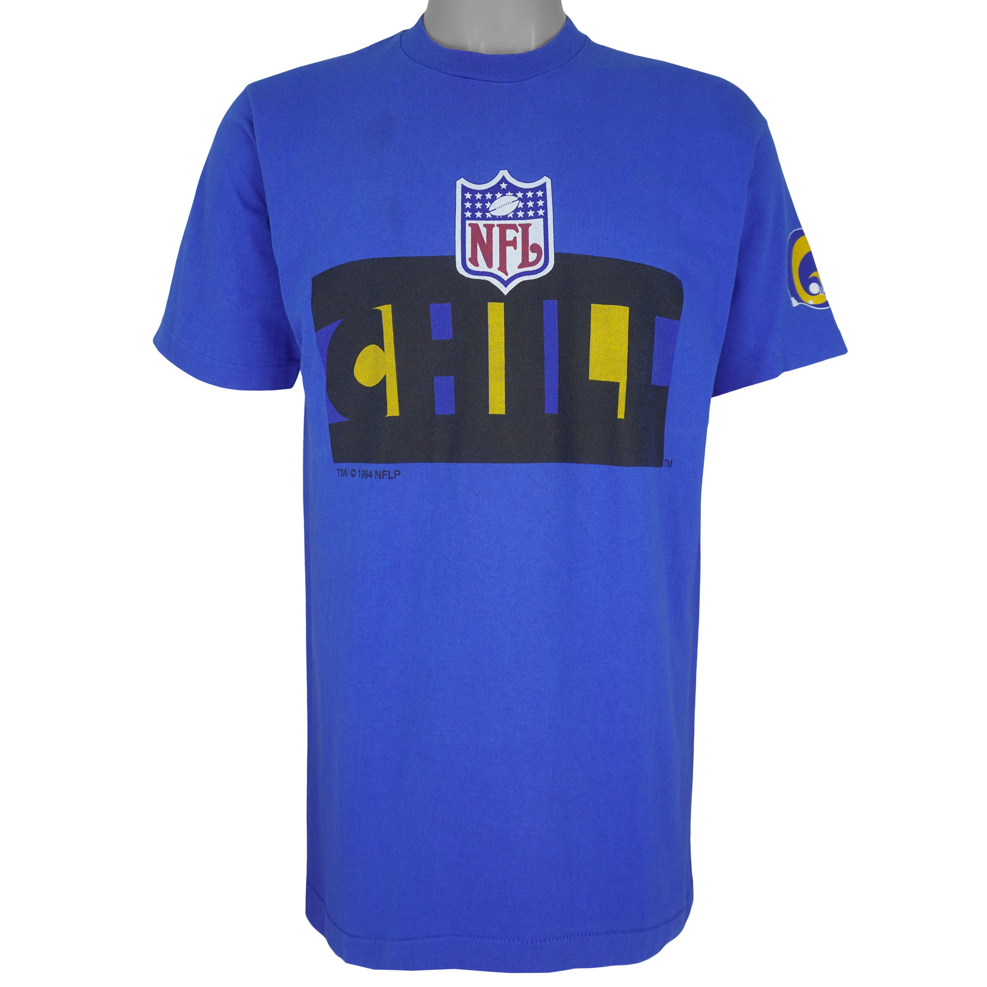 Blue T-shirt with a large CHILL graphic across the chest