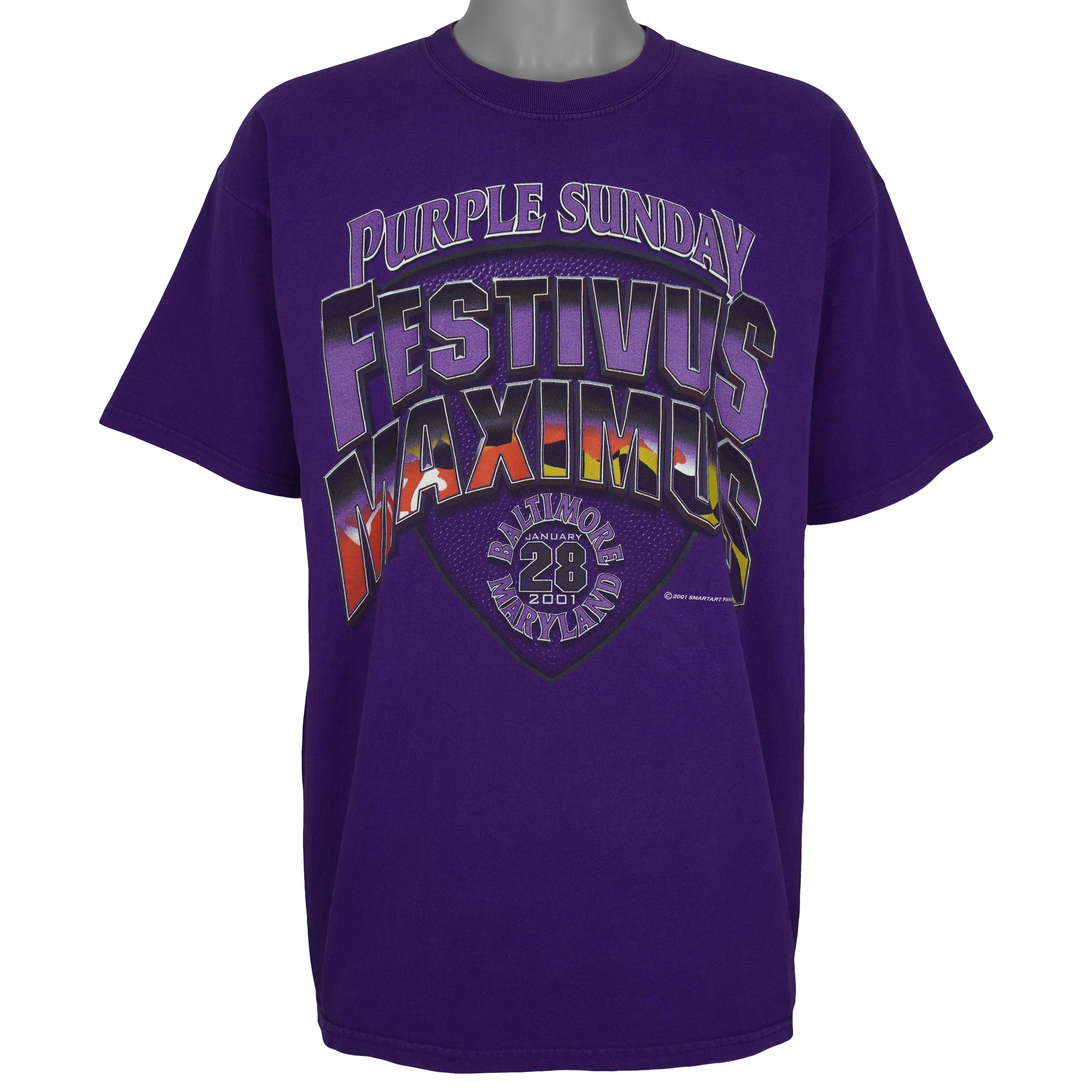 NFL (Gildan) - Baltimore Ravens Purple Sunday Festivus Maximus T-Shirt 2001 X-Large Vintage Retro Football