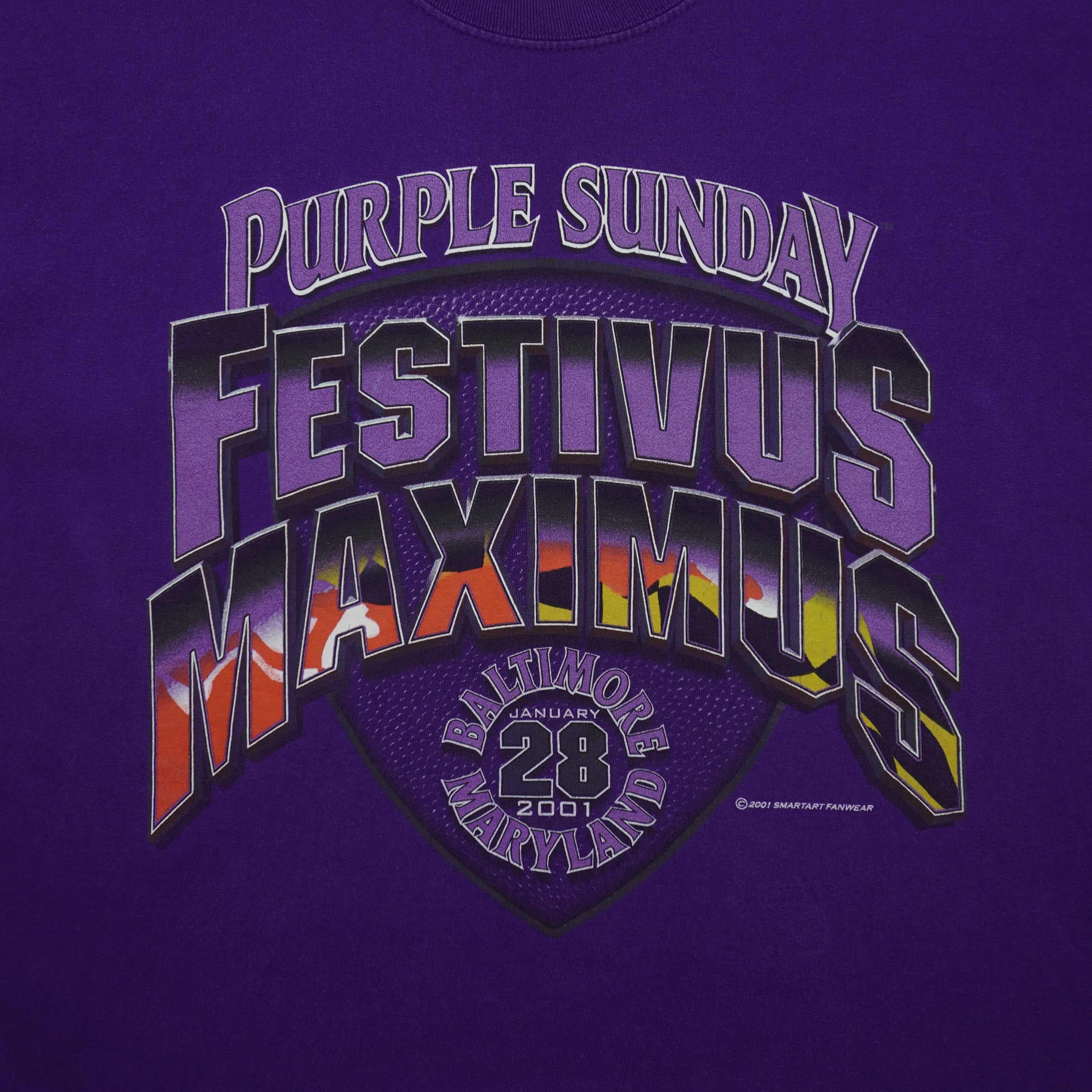 NFL (Gildan) - Baltimore Ravens Purple Sunday Festivus Maximus T-Shirt 2001 X-Large Vintage Retro Football