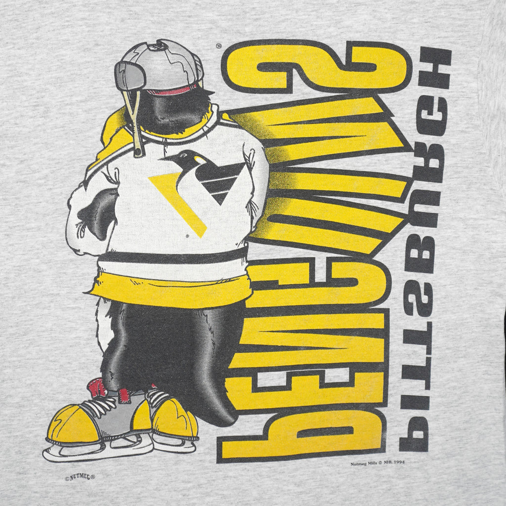 NHL (Nutmeg) - Grey Pittsburgh Penguins T-Shirt 1994 Large Vintage Retro Hockey