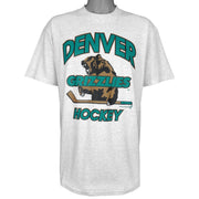 Vintage IHL (Soffe) - Denver Grizzlies Ice Hockey T-Shirt 1990s Large in gray and white