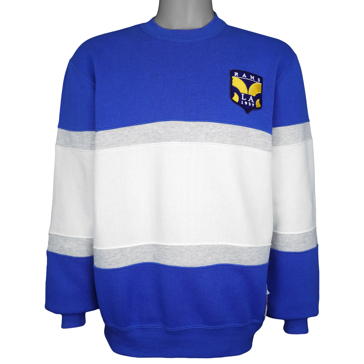 Blue Rams sweatshirt with broad white and gray colorblock panels