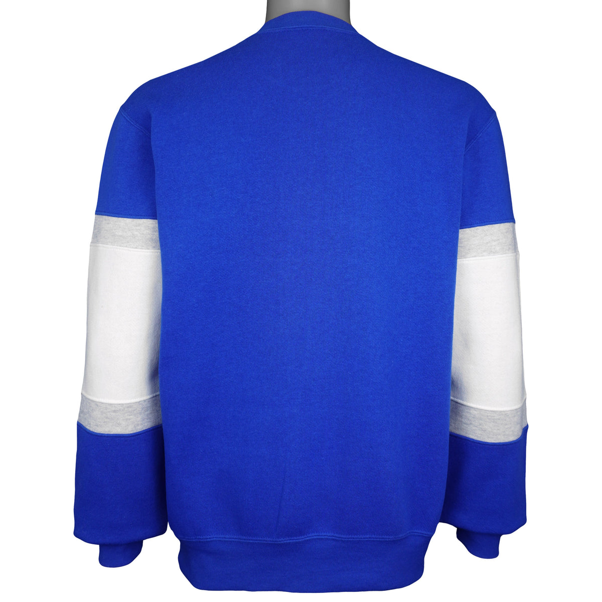 Back of the blue sweatshirt with striped sleeve panels