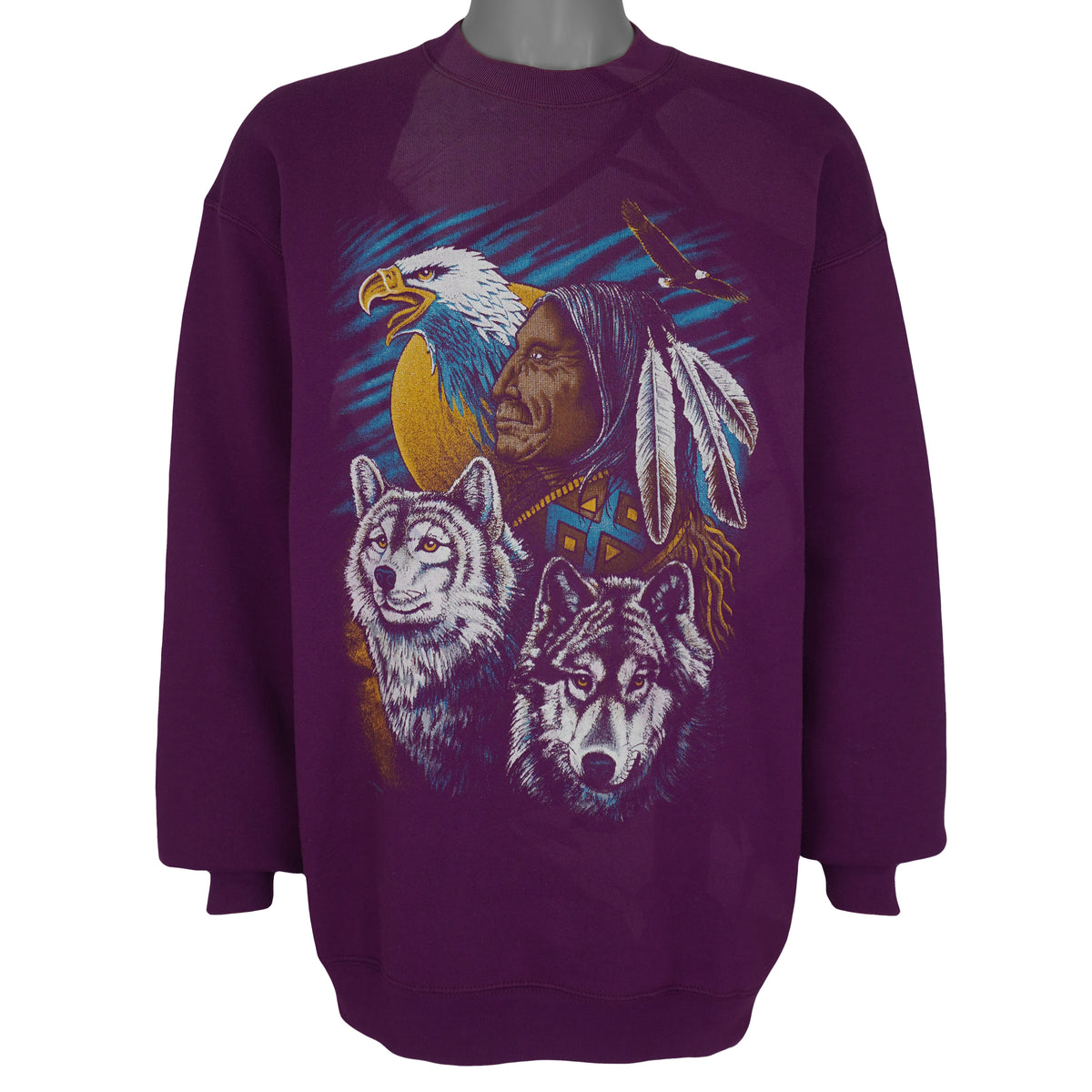Vintage (Wilson) - Native American Wolves and Eagle Crew Neck Sweatshirt 1990s Large in purple