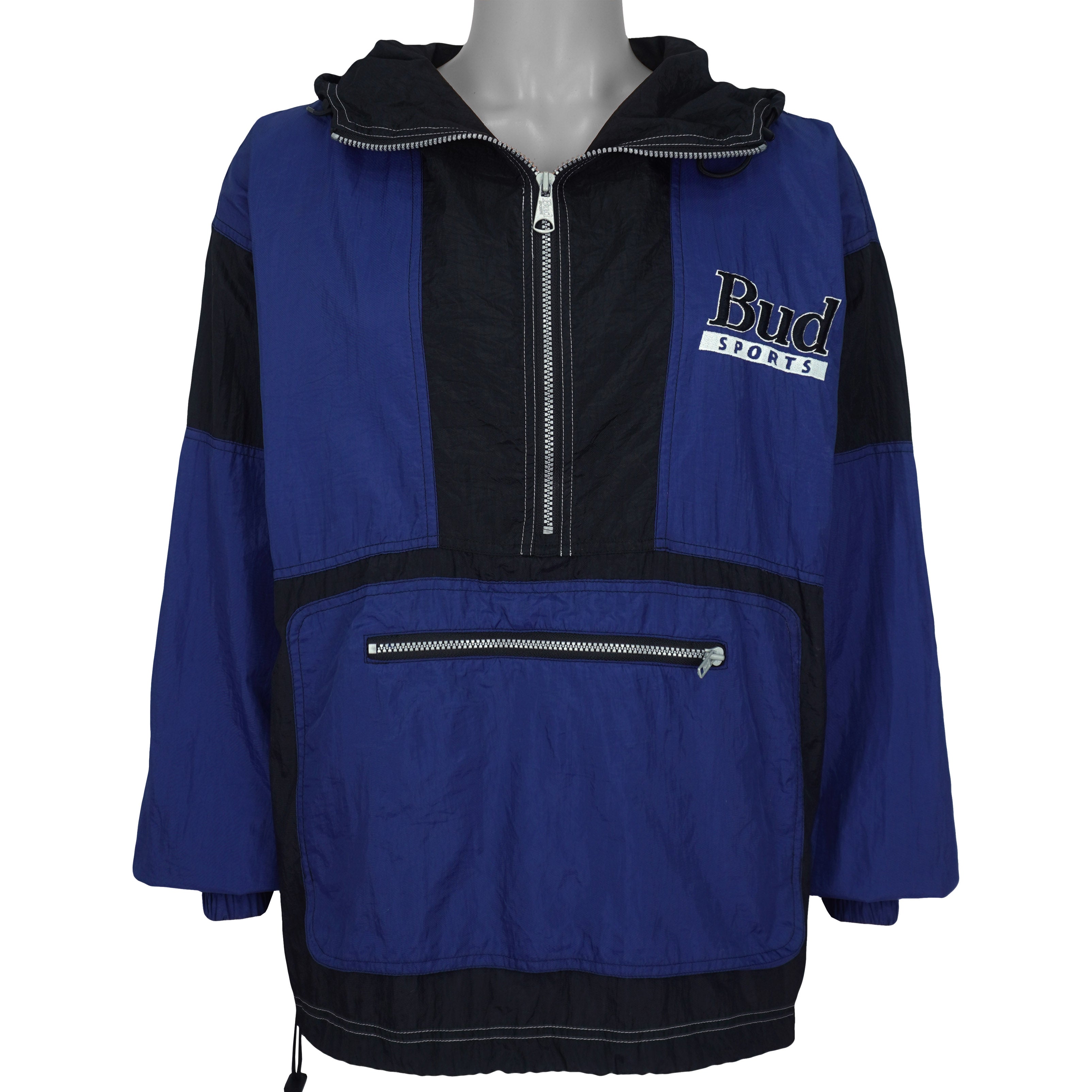 Budweiser - Blue & Black Budweiser Sports Hooded Windbreaker 1990s Large Vintage Retro