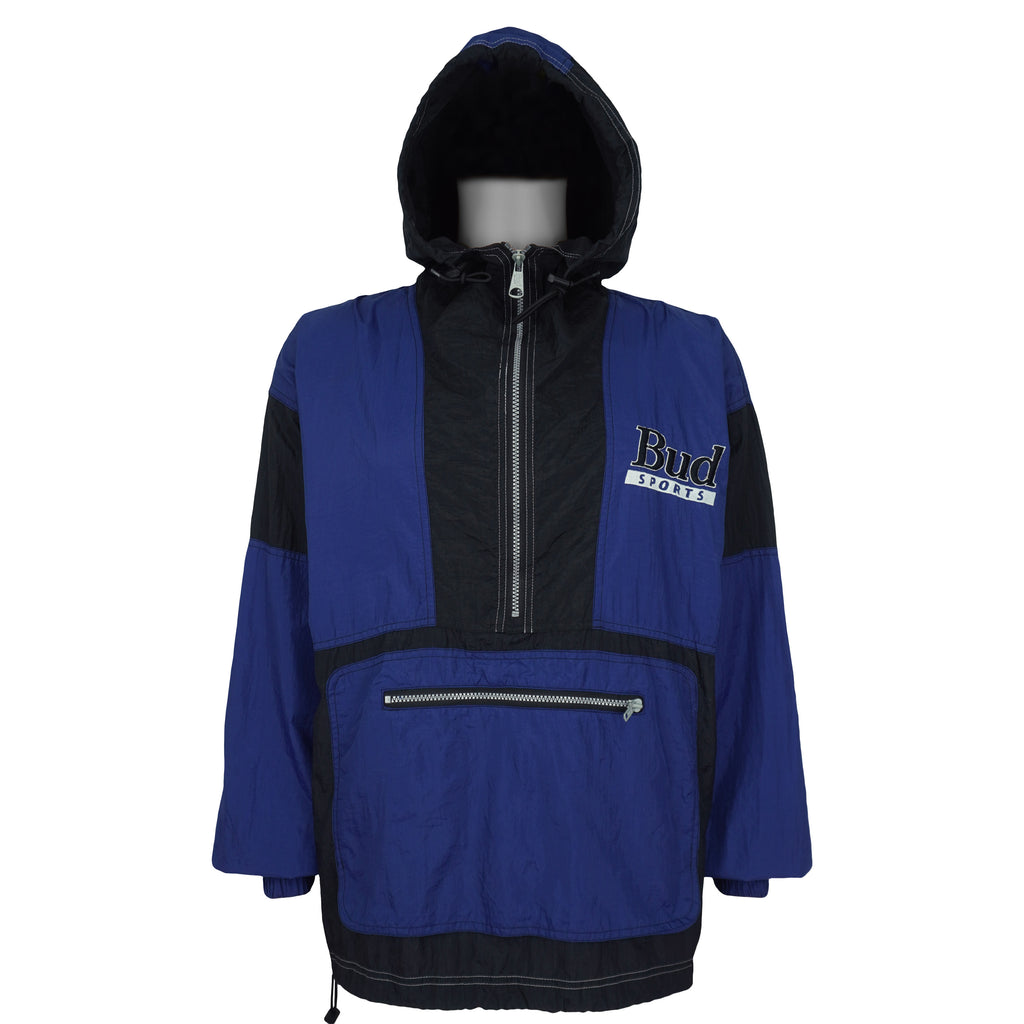 Budweiser - Blue & Black Budweiser Sports Hooded Windbreaker 1990s Large Vintage Retro