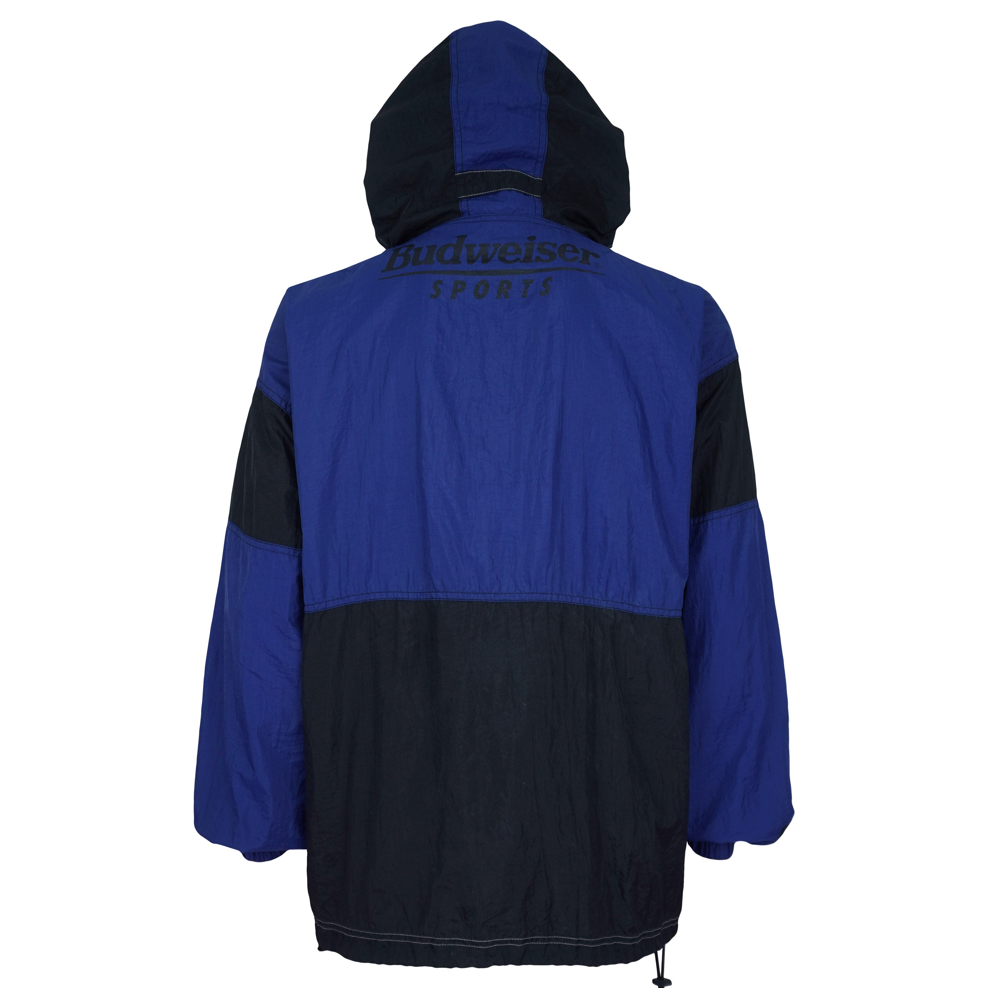 Budweiser - Blue & Black Budweiser Sports Hooded Windbreaker 1990s Large Vintage Retro