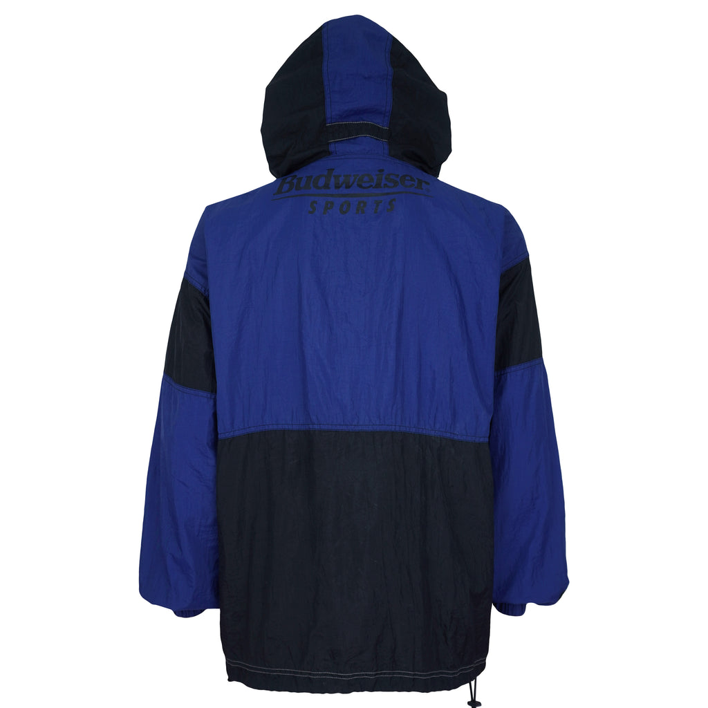 Budweiser - Blue & Black Budweiser Sports Hooded Windbreaker 1990s Large Vintage Retro