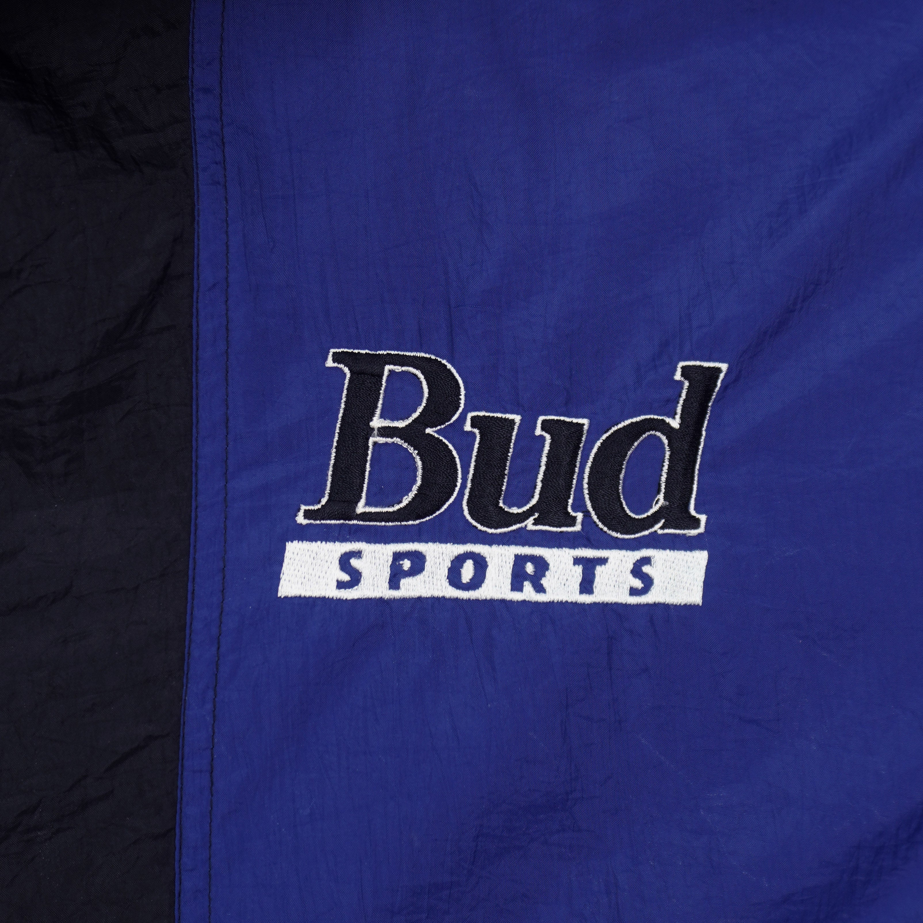 Budweiser - Blue & Black Budweiser Sports Hooded Windbreaker 1990s Large Vintage Retro