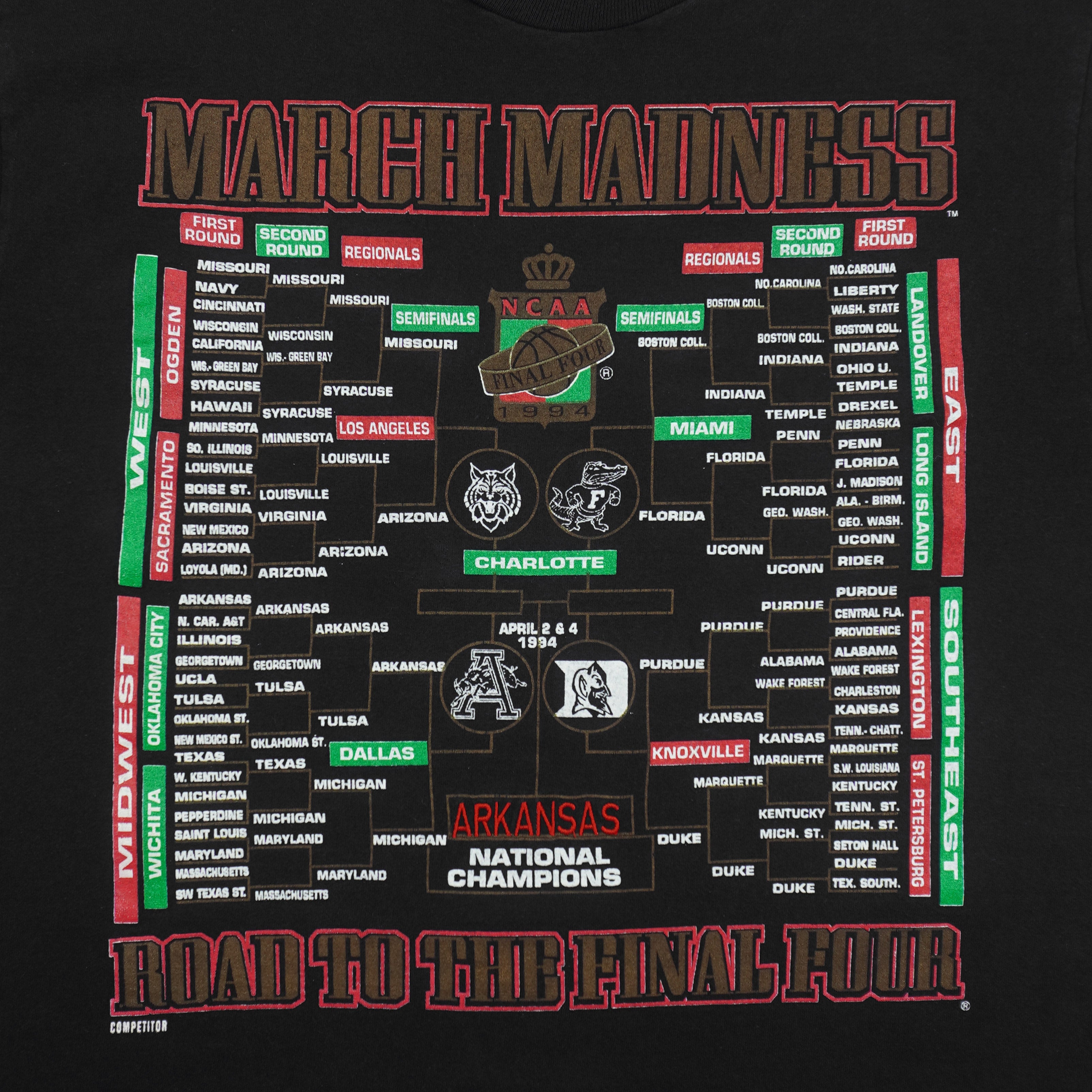 NCAA (Competitor) - March Madness Final Four Arkansas Champions T-Shirt 1994 Large Vintage Retro