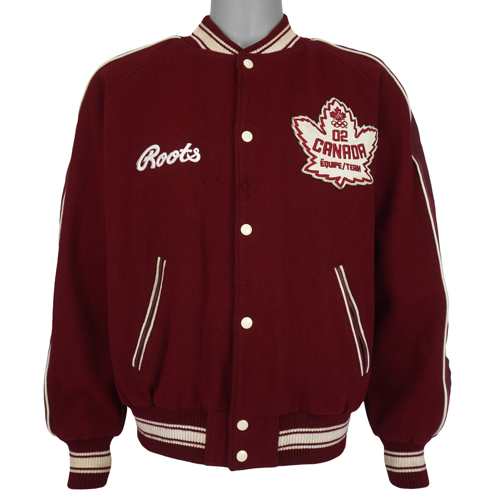 Burgundy and cream Roots Canada Team Canada Salt Lake 2002 varsity jacket