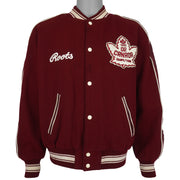 Burgundy and cream Roots Canada Team Canada Salt Lake 2002 varsity jacket