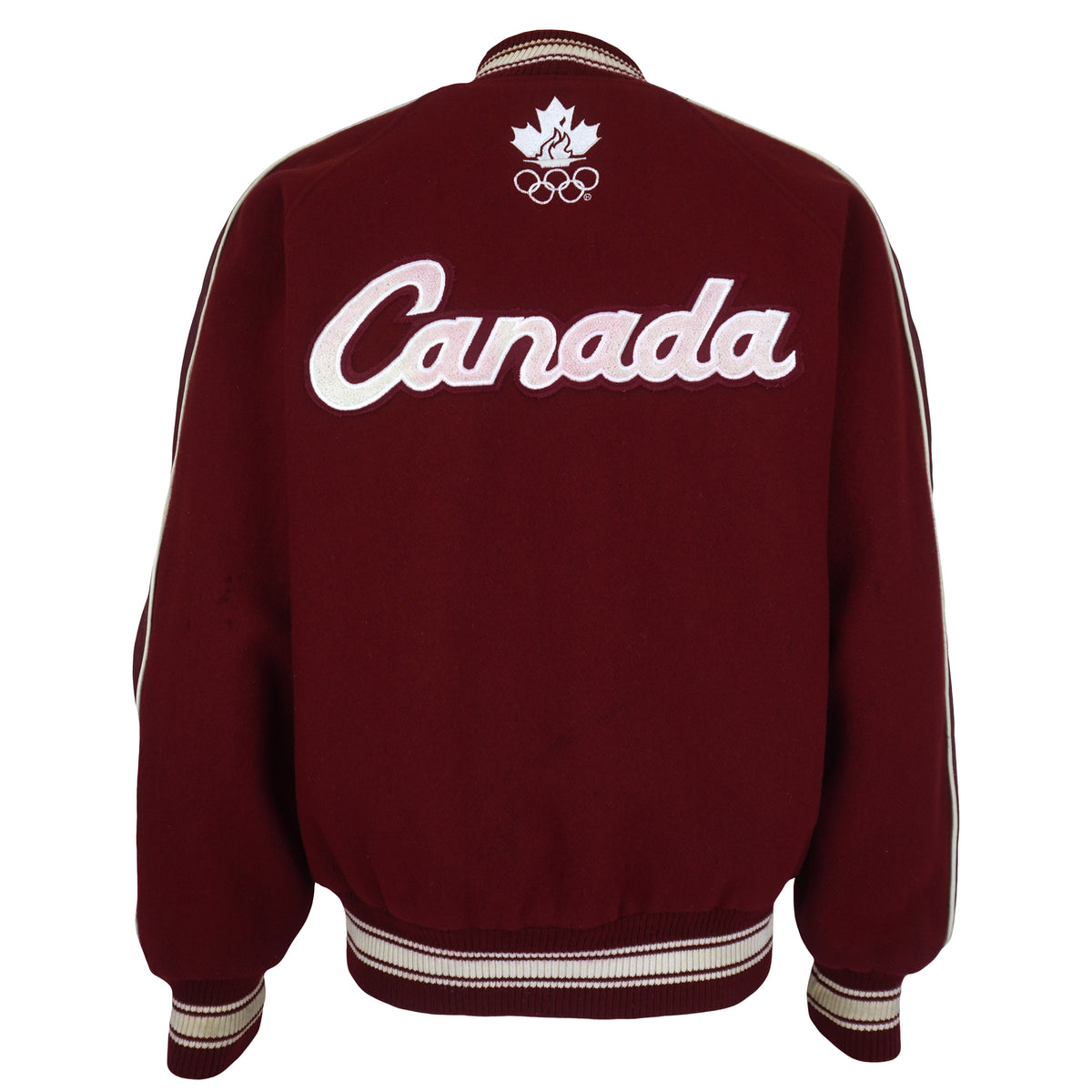 Burgundy and cream Roots Canada Team Canada Salt Lake 2002 varsity jacket