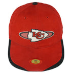 Top view of the red Chiefs hat and embroidered front logo