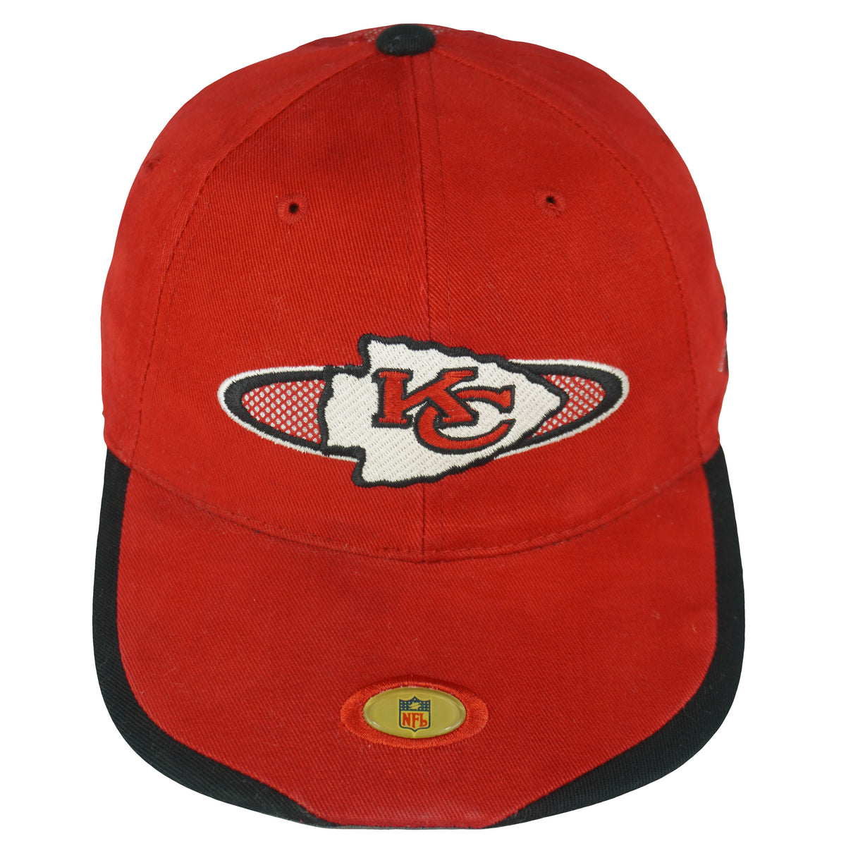 Top view of the red Chiefs hat and embroidered front logo