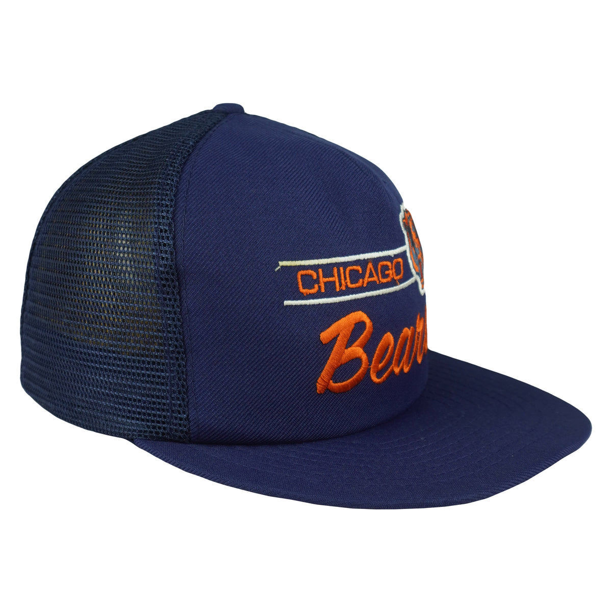 Angled view of the navy crown and mesh side panels