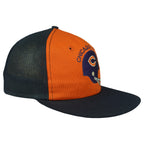 Angled view of the orange crown and navy mesh panels