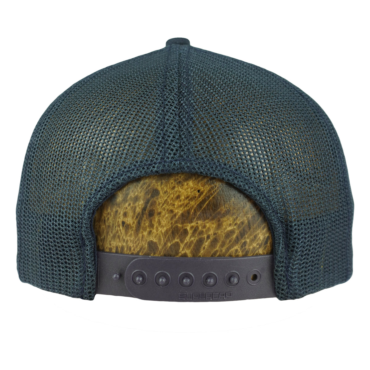 Navy mesh back of the Bears cap with plastic snap closure