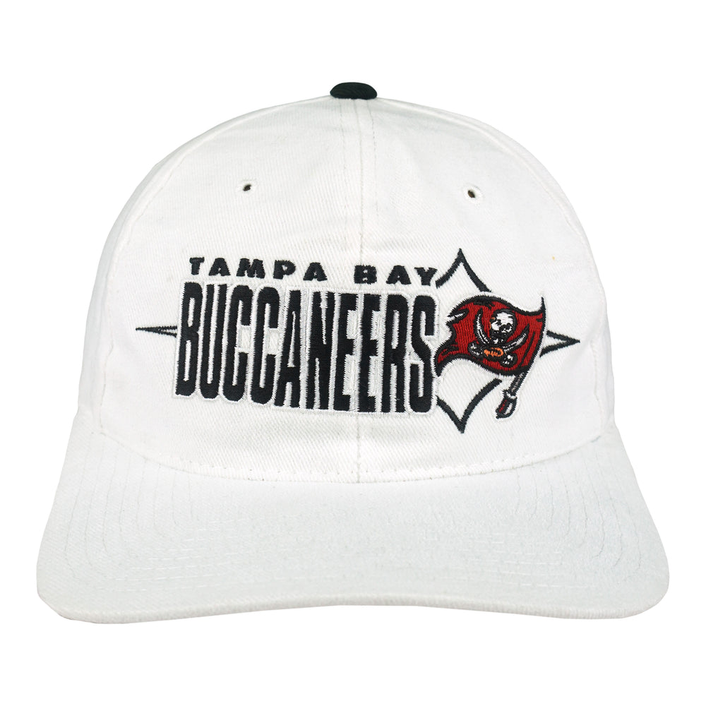 White Buccaneers hat with embroidered team lettering and pirate flag