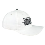 Angled view of the white Buccaneers hat and curved brim