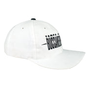 Angled view of the white Buccaneers hat and curved brim