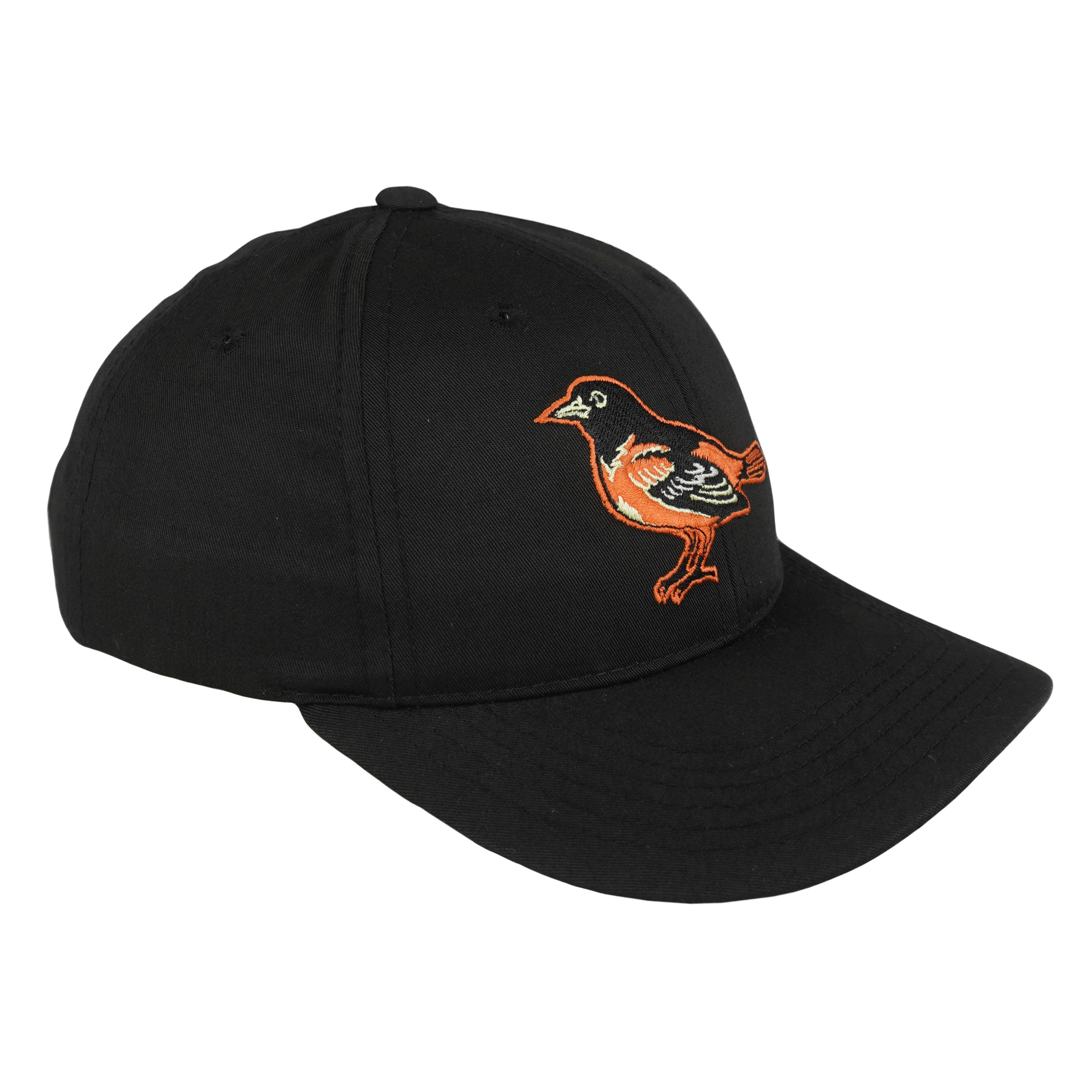 Angled view of the black Orioles hat and brim