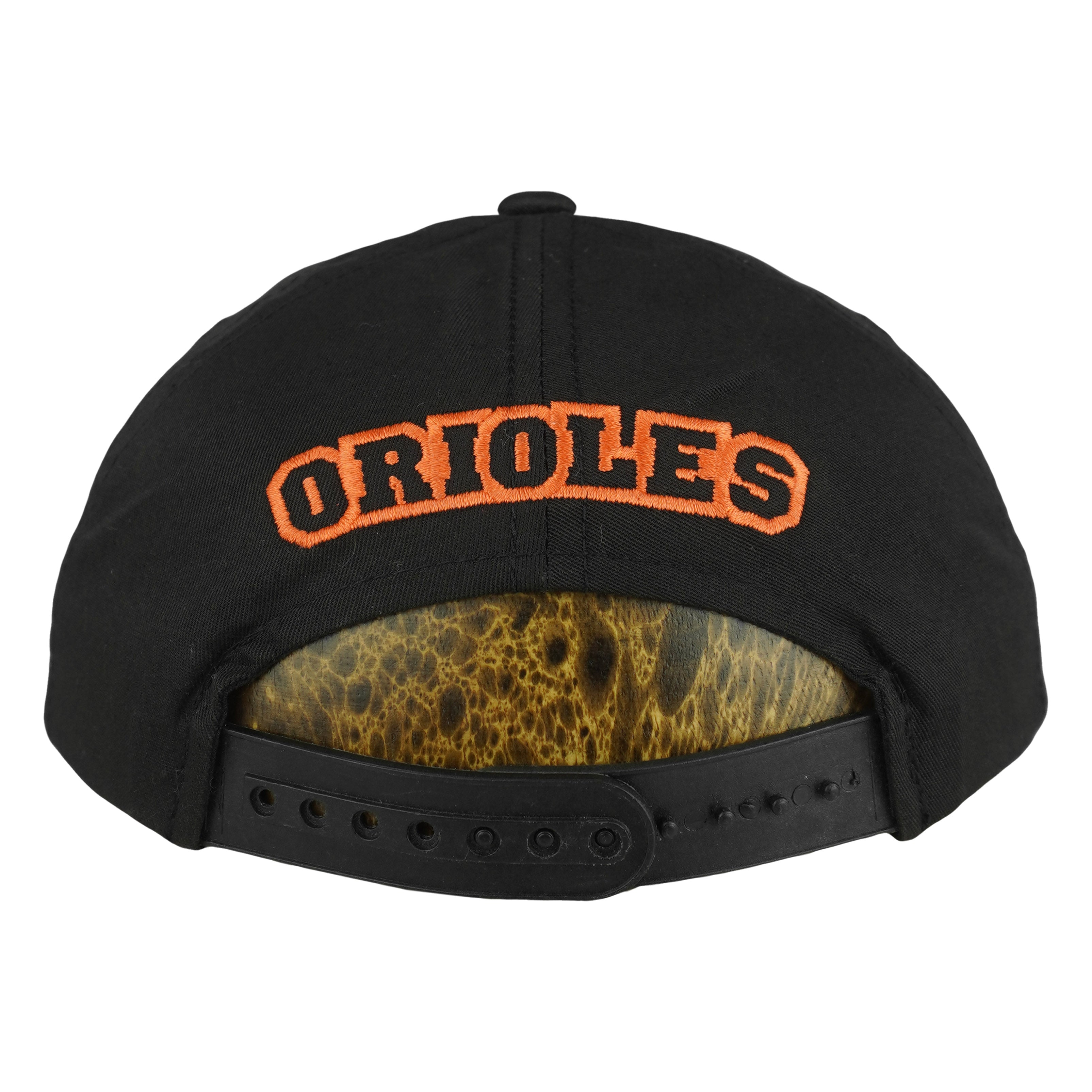 Rear Orioles lettering above the black snap closure