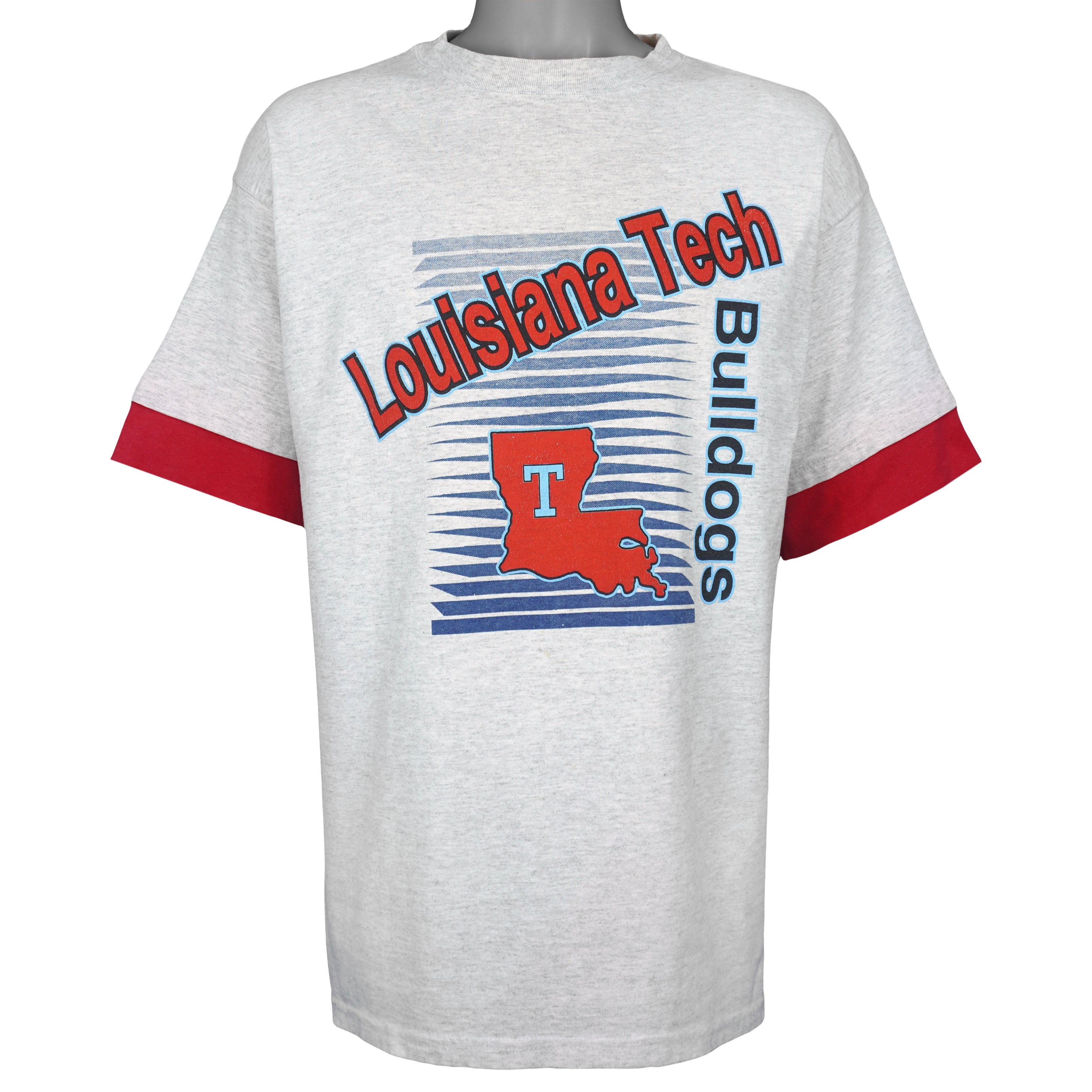 Light gray Louisiana Tech Bulldogs T-shirt with red roll-up sleeve cuffs front view