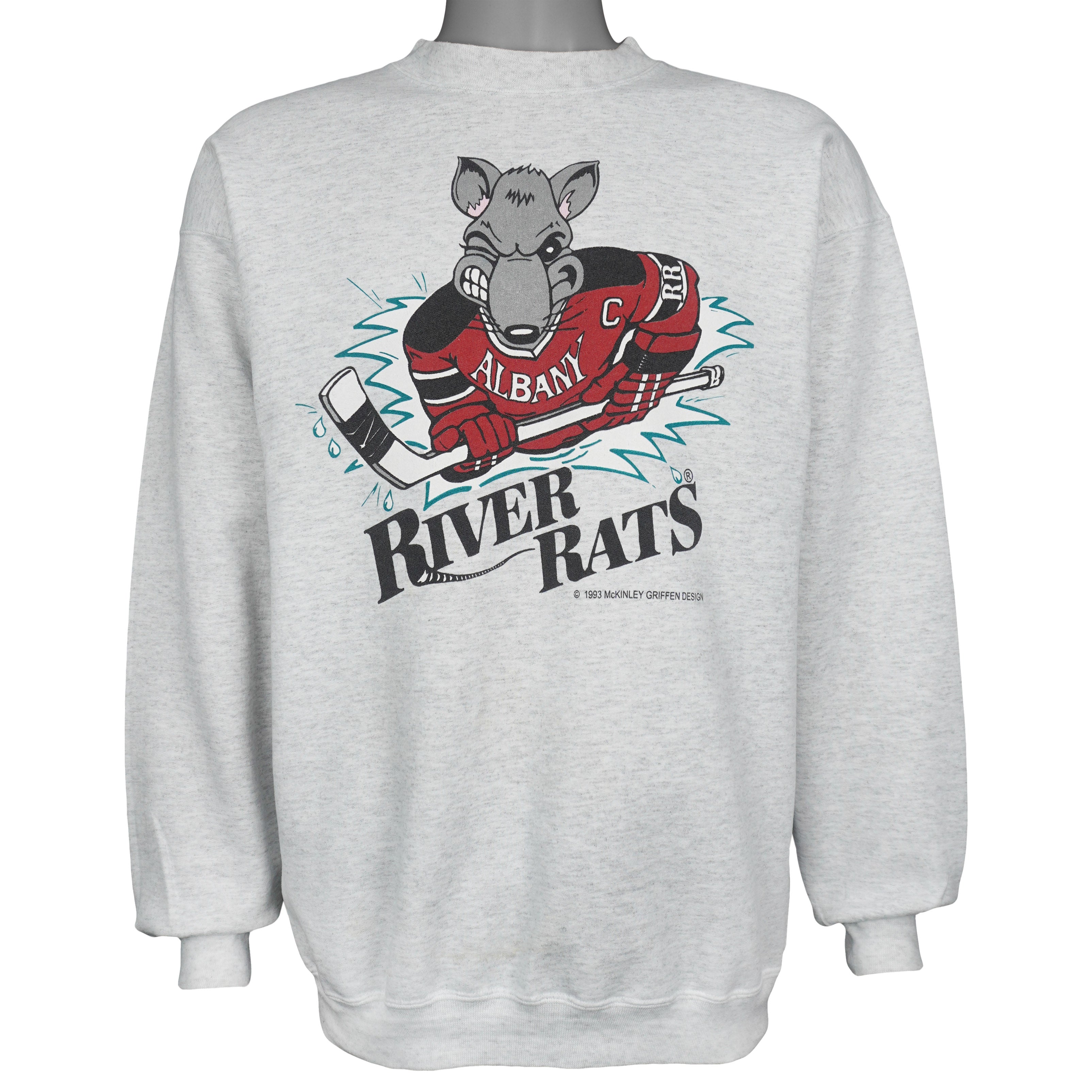 Vintage AHL - Albany River Rats Big Spell-Out Crew Neck Sweatshirt 1993 Large in gray