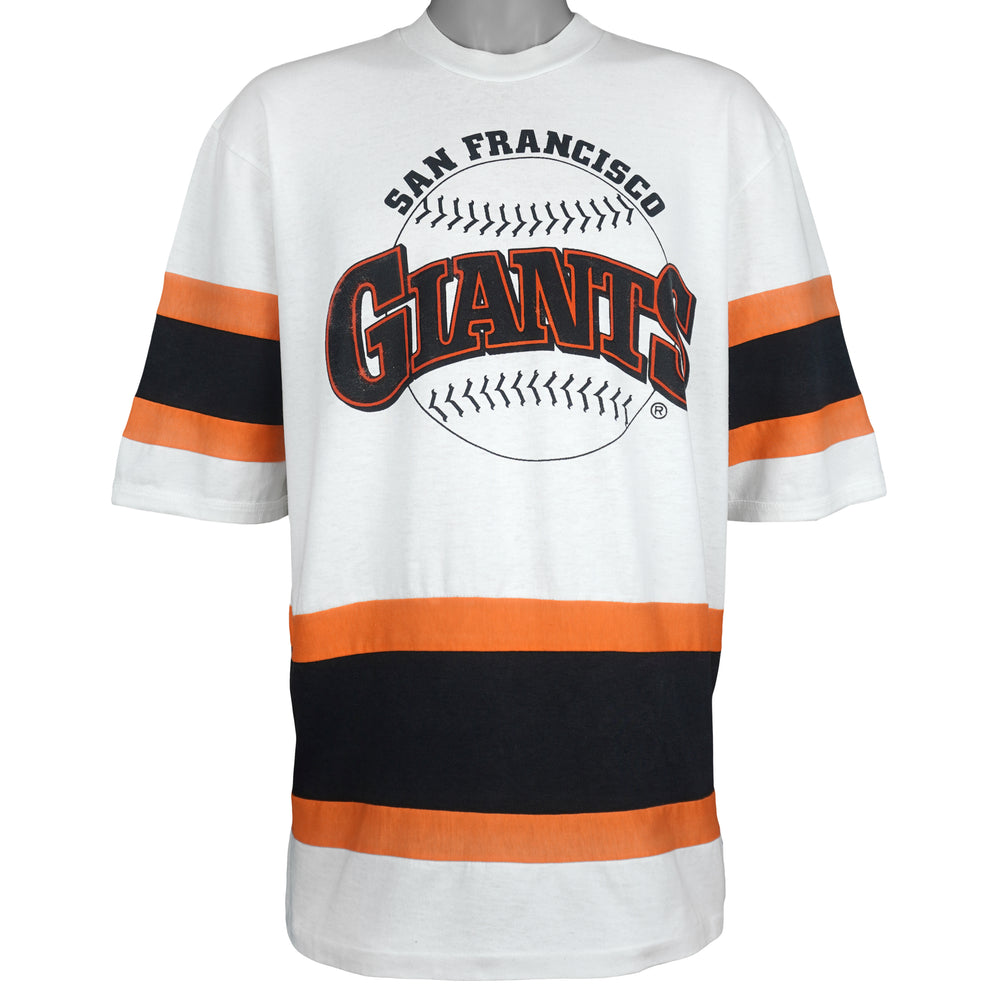 White Giants fan jersey with orange and black body stripes