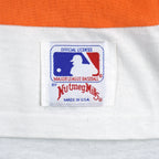 Nutmeg Mills MLB patch near the striped jersey hem