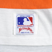 Nutmeg Mills MLB patch near the striped jersey hem