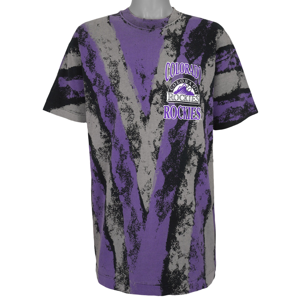 Purple and gray 1994 Salem Colorado Rockies all-over-print T-shirt