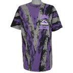 Purple and gray 1994 Salem Colorado Rockies all-over-print T-shirt