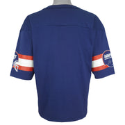 Plain blue back and printed striped sleeves of the Giants jersey