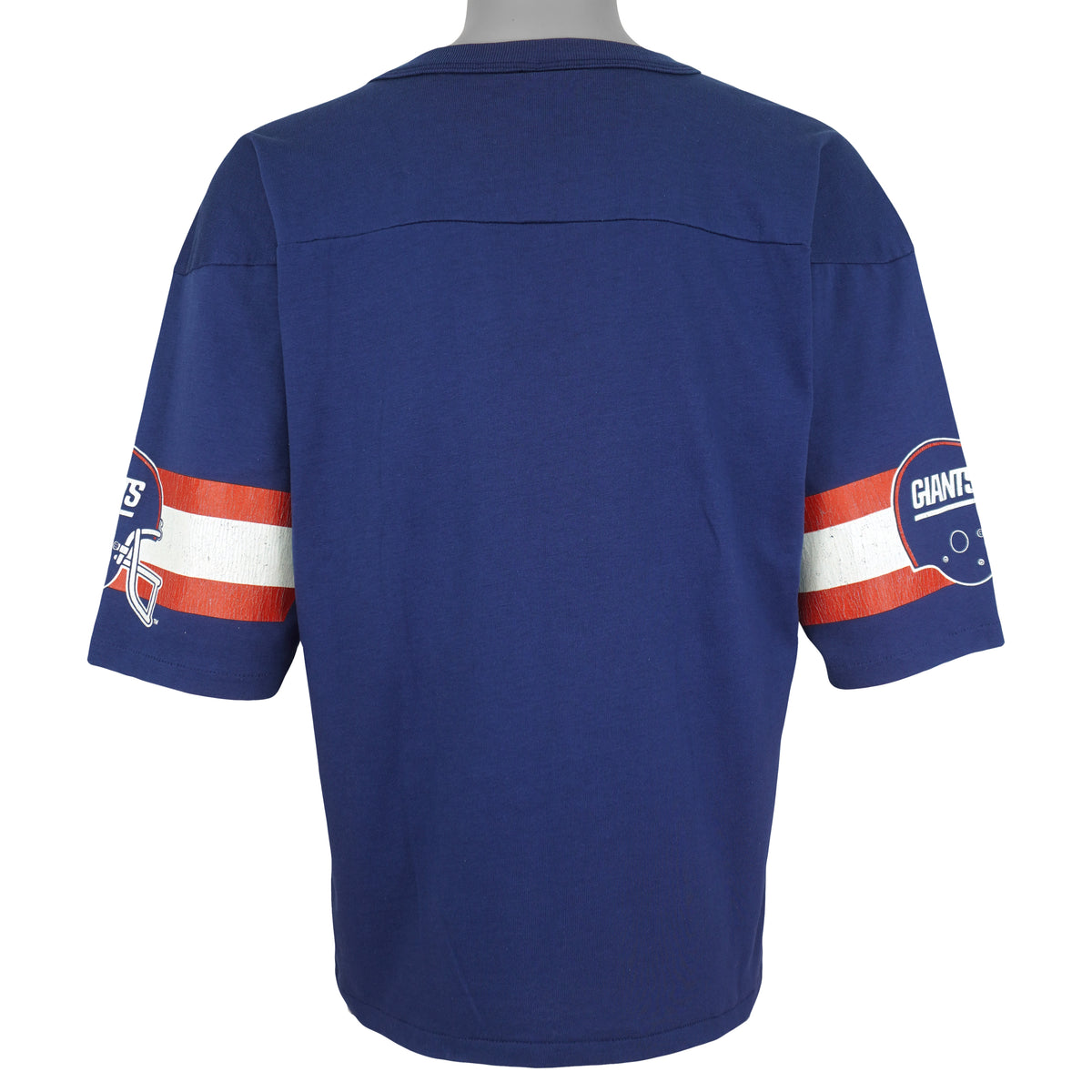 Plain blue back and printed striped sleeves of the Giants jersey