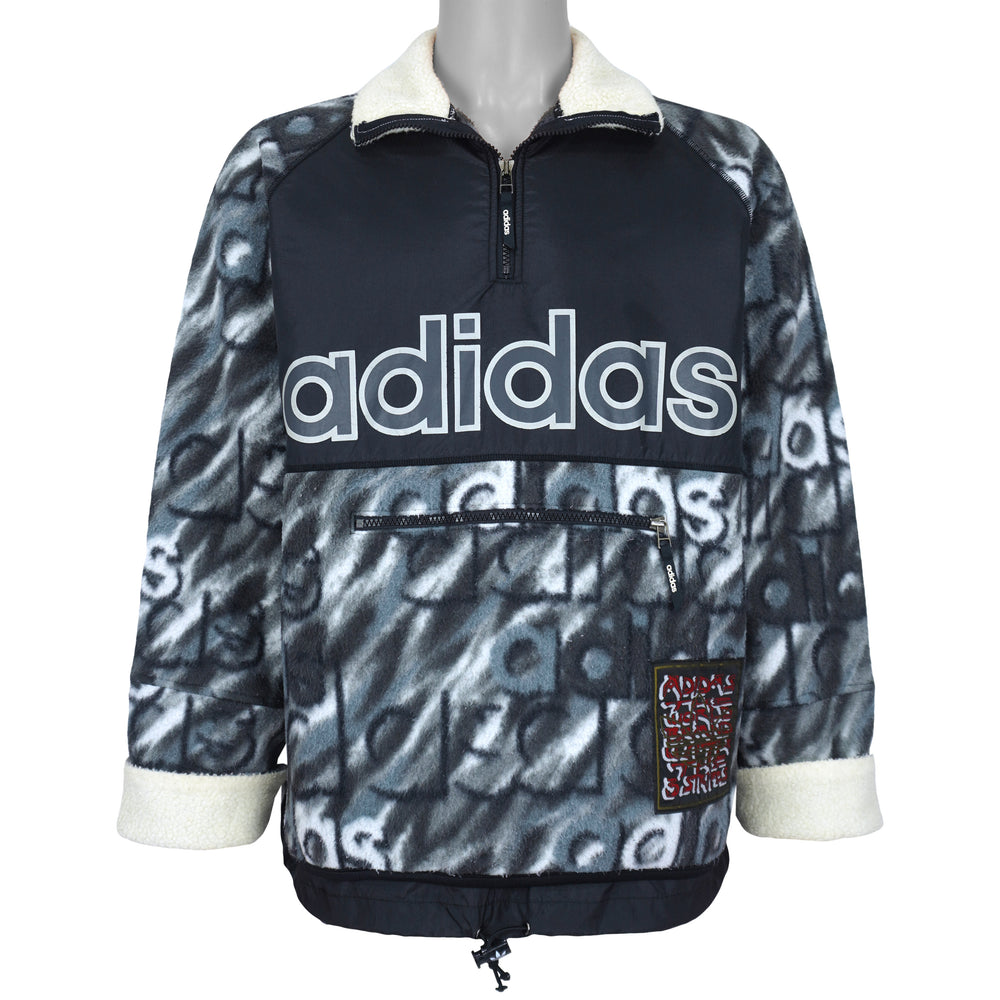 Adidas - Black & Grey Abstract Fleece Pullover Jacket 1990s Large Vintage Retro