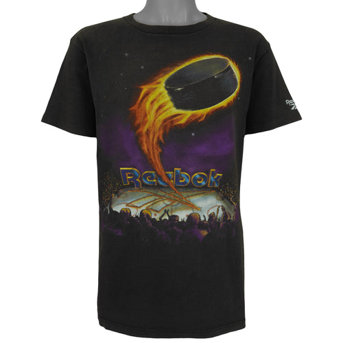 Reebok - Black Flaming Hockey Puck Graphic T-Shirt 1990s Medium Vintage Retro
