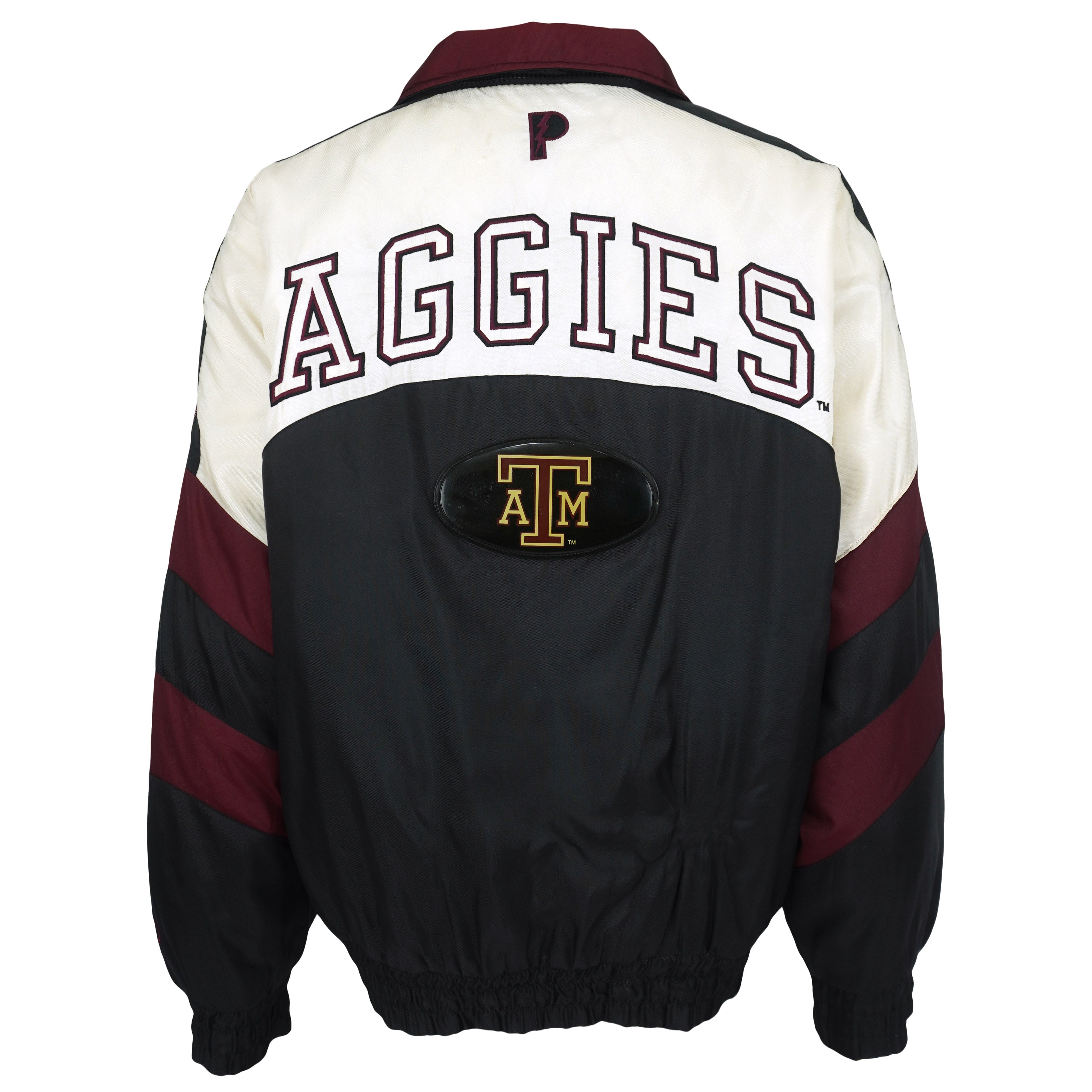 Pro Player Texas A&M Aggies black, white, and maroon puffer jacket back view