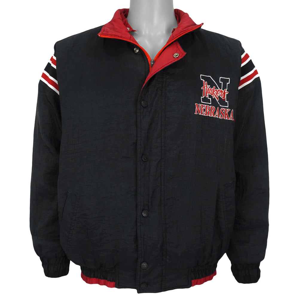 Genuine Stuff Nebraska Huskers reversible puffer jacket black-side front view