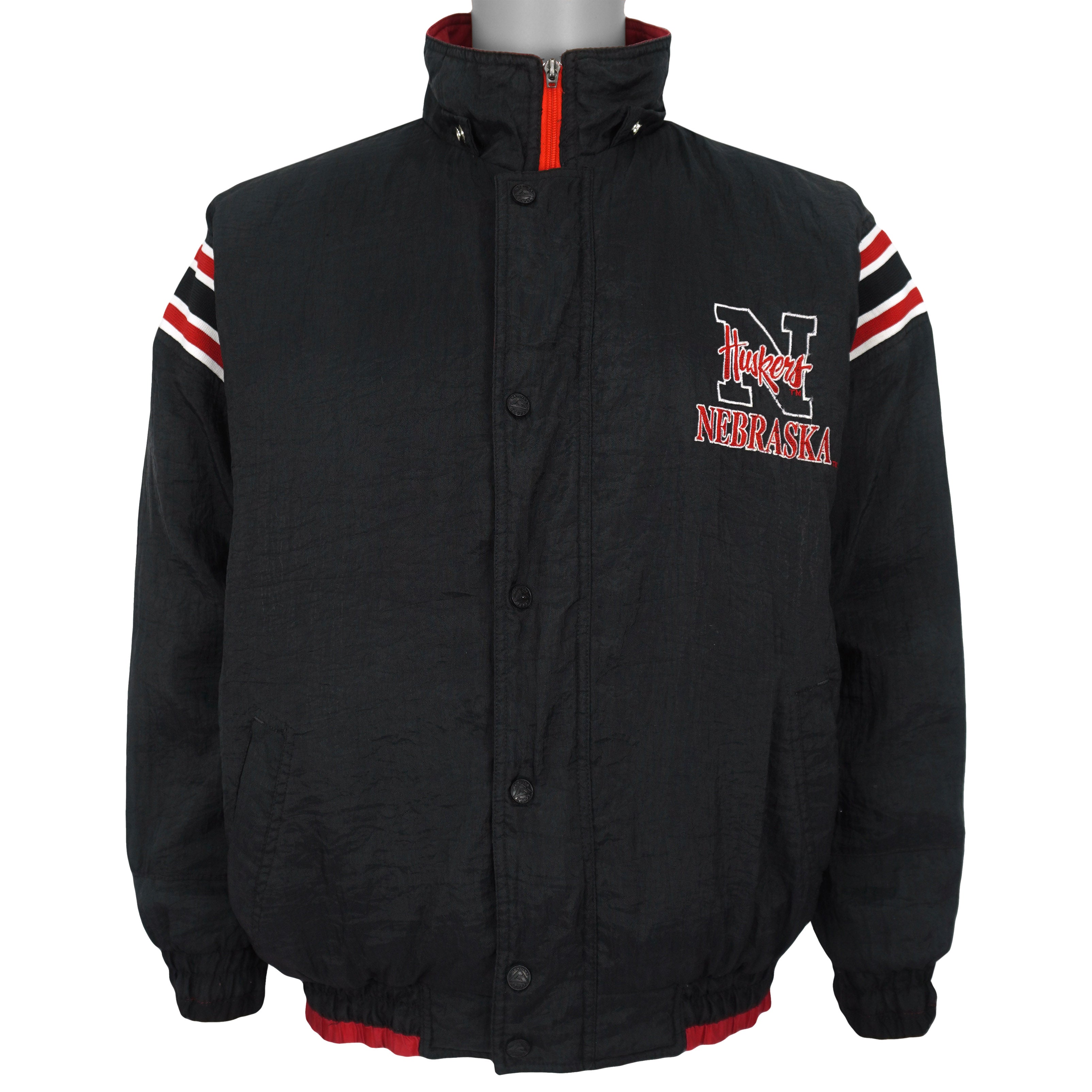 Genuine Stuff Nebraska Huskers reversible puffer jacket black-side closed front view