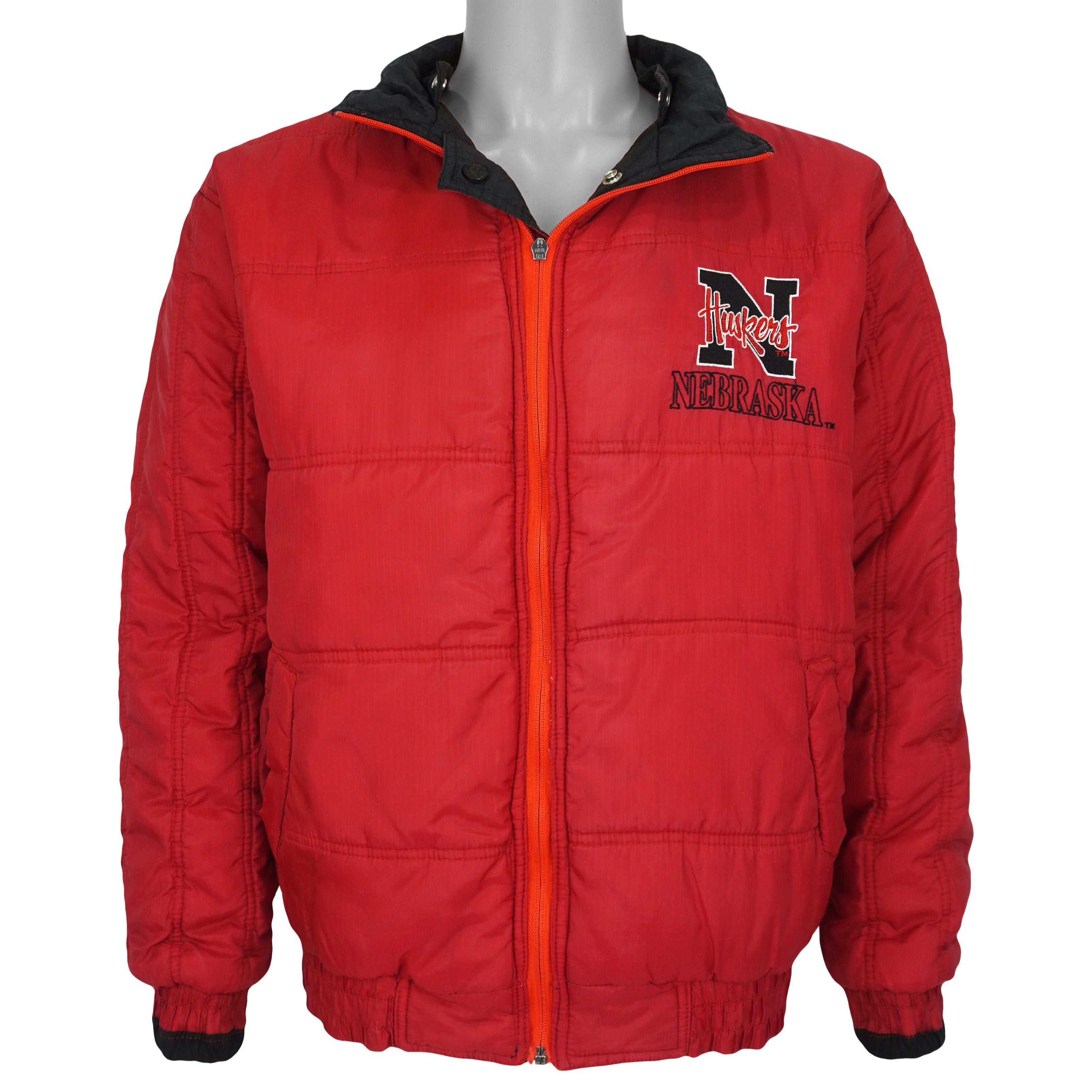 Genuine Stuff Nebraska Huskers reversible puffer jacket red-side open front view