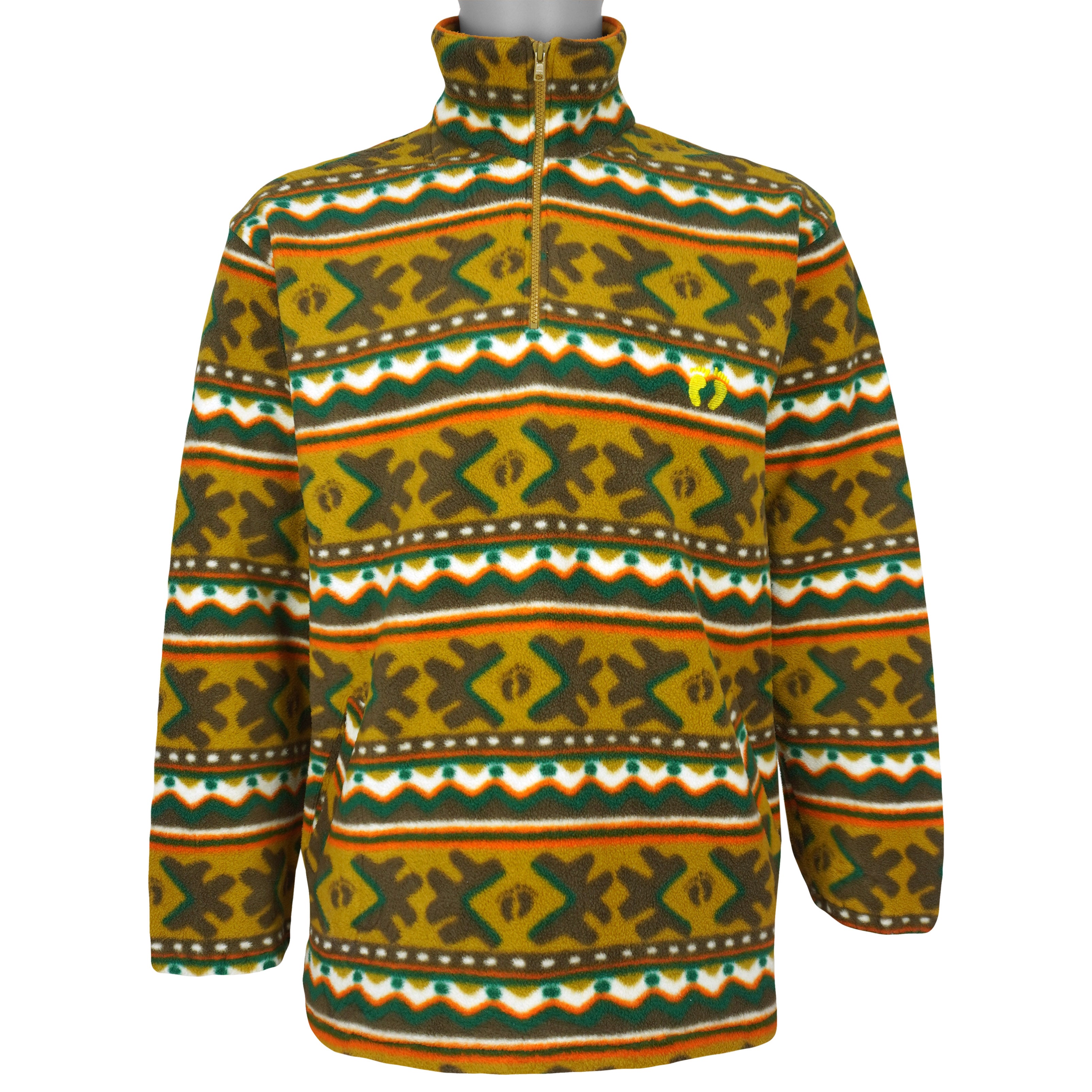 1990s Hang Ten quarter-zip fleece pullover with mustard, green, orange and white tribal pattern